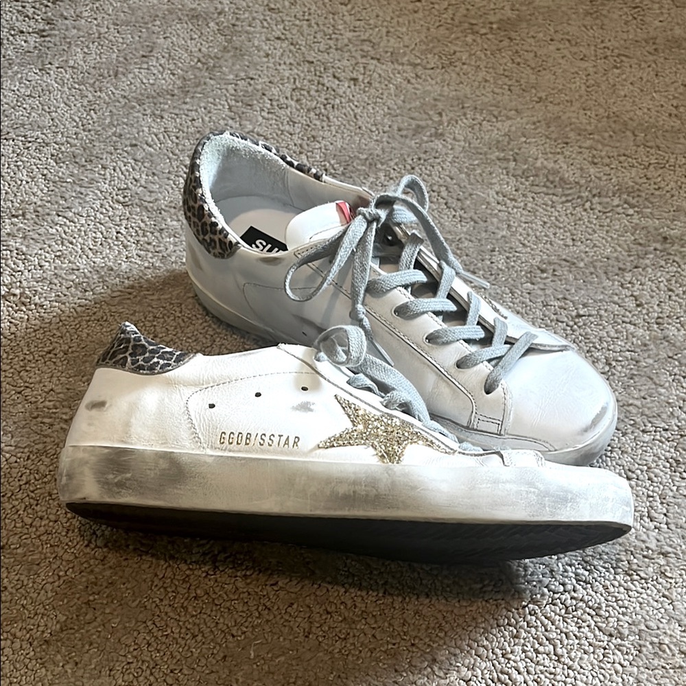 Golden Goose White Sneakers with Gold Star and Snake Print